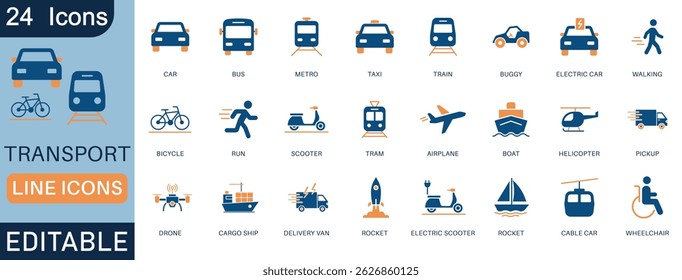 Transport icon set. A collection of editable, flat icons featuring car, bus, airplane, train, scooter, rocket, boat, taxi, vehicle, and more for transportation.