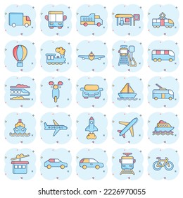 Transport icon set in comic style. Car vector cartoon collection illustration on white isolated background. Shipping transportation splash effect business concept.