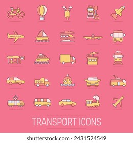 Transport icon set in comic style. Car vector cartoon collection illustration on isolated background. Shipping transportation splash effect business concept.