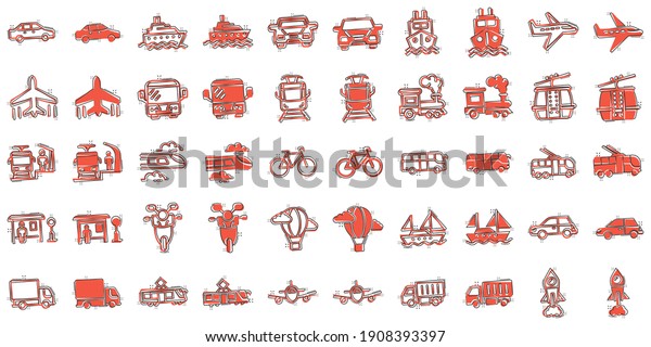 Transport icon set in comic style. Car
vector cartoon collection illustration on white isolated
background. Shipping transportation splash effect business
concept.