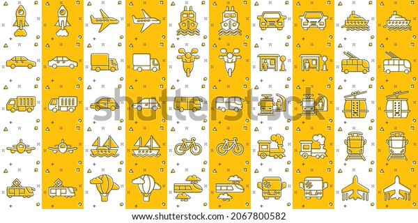 Transport icon set in comic style. Car\
vector cartoon collection illustration on white isolated\
background. Shipping transportation splash effect business\
concept.