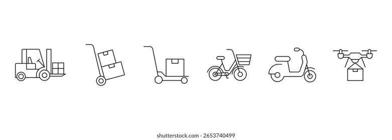 Transport icon set. Commercial vehicles line icon set. Vector pictograms of container, pallet, forklift, plane, drone, helicopter, ship, cargo truck, warehouse more. Vector illustration.