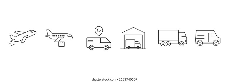 Transport icon set. Commercial vehicles line icon set. Vector pictograms of container, pallet, forklift, plane, drone, helicopter, ship, cargo truck, warehouse more. Vector illustration.
