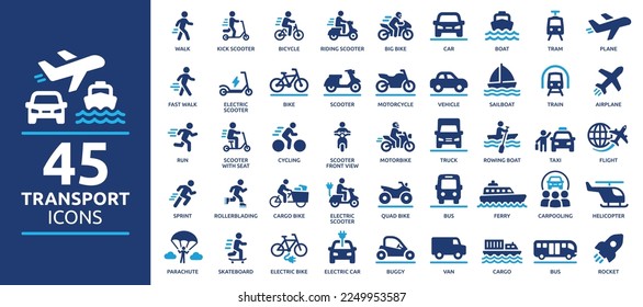 Transport icon set  Containing car  bike  plane  train  bicycle  motorbike  bus   scooter icons  Solid icon collection 