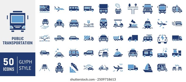 Conjunto de ícones de transporte. Contendo ícones de carro, avião, trem, bicicleta, moto, ônibus e scooter. Vetor.collection plano simples.