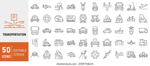 Conjunto de ícones de transporte. Contendo ícones de carro, avião, trem, bicicleta, moto, ônibus e scooter. Vetor de linha simples.