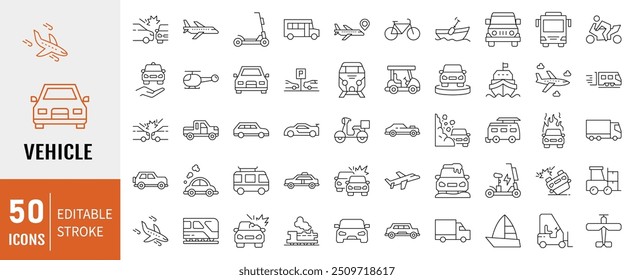 Transport icon set. Containing car, plane, train, bicycle, motorbike, bus and scooter icons. Simple line vector.