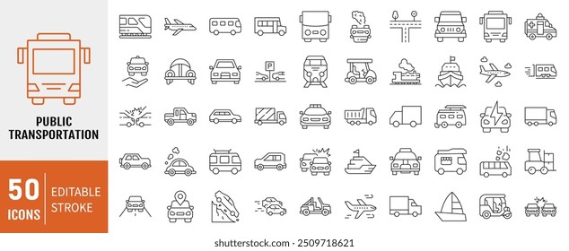 Transport-Symbolsatz. Enthält Symbole für Auto, Flugzeug, Zug, Fahrrad, Motorrad, Bus und Roller. Einfacher Linienvektor.