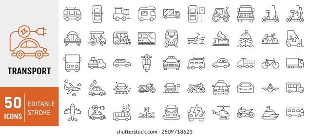 Transport icon set. Containing car, plane, train, bicycle, motorbike, bus and scooter icons. Simple line vector.