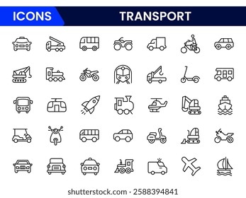 Transport icon set. Containing car, bike, plane, train, bicycle, motorbike, bus and scooter icons. line icon collection.