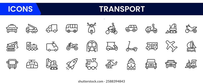 Transport icon set. Containing car, bike, plane, train, bicycle, motorbike, bus and scooter icons. line icon collection.