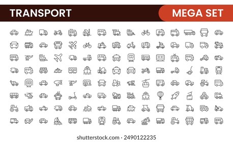 Transport icon set. Containing distribution, shipping, transportation, delivery, cargo, freight, route planning, supply chain, export and import icons. Solid icon collection.
