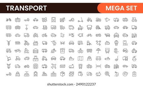 Transport icon set. Containing distribution, shipping, transportation, delivery, cargo, freight, route planning, supply chain, export and import icons. Solid icon collection.