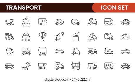 Transport icon set. Containing distribution, shipping, transportation, delivery, cargo, freight, route planning, supply chain, export and import icons. Solid icon collection.