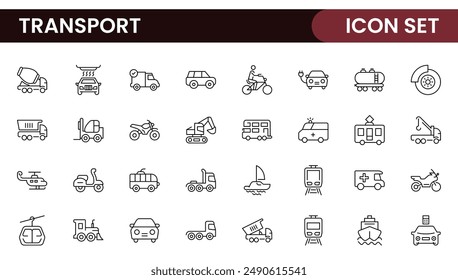 Transport icon set. Containing distribution, shipping, transportation, delivery, cargo, freight, route planning, supply chain, export and import icons. Solid icon collection.