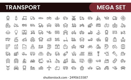 Transport icon set. Containing distribution, shipping, transportation, delivery, cargo, freight, route planning, supply chain, export and import icons. Solid icon collection.