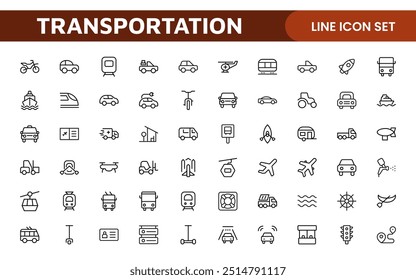 Conjunto de ícones de transporte. Contendo ícones de distribuição, entrega, transporte, entrega, carga, frete, planejamento de roteiro, cadeia de suprimentos, exportação e importação. Coleção de ícones do Solid.