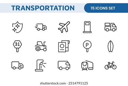 Transport icon set. Containing distribution, shipping, transportation, delivery, cargo, freight, route planning, supply chain, export and import icons. Solid icon collection.