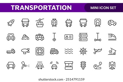 Transport icon set. Containing distribution, shipping, transportation, delivery, cargo, freight, route planning, supply chain, export and import icons. Solid icon collection.