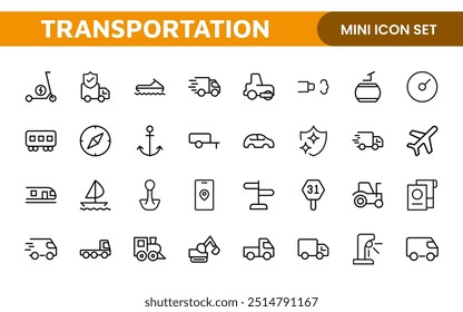 Conjunto de iconos de transporte. Contiene distribución, envío, transporte, entrega, carga, carga, planificación de rutas, cadena de suministro, exportación e importación iconos. Colección de iconos sólidos.