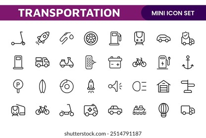 Conjunto de ícones de transporte. Contendo ícones de distribuição, entrega, transporte, entrega, carga, frete, planejamento de roteiro, cadeia de suprimentos, exportação e importação. Coleção de ícones do Solid.