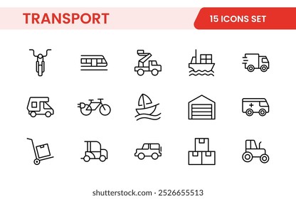 Conjunto de ícones de transporte. Contendo ícones de distribuição, entrega, transporte, entrega, carga, frete, planejamento de roteiro, cadeia de suprimentos, exportação e importação. Coleção de ícones do Solid.