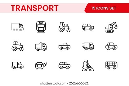 Transport icon set. Containing distribution, shipping, transportation, delivery, cargo, freight, route planning, supply chain, export and import icons. Solid icon collection.