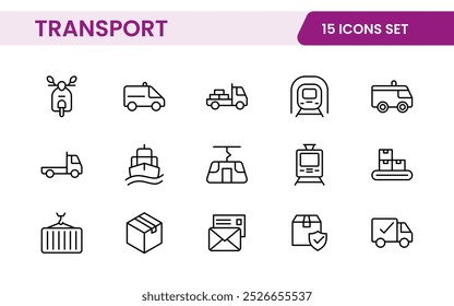 Conjunto de ícones de transporte. Contendo ícones de distribuição, entrega, transporte, entrega, carga, frete, planejamento de roteiro, cadeia de suprimentos, exportação e importação. Coleção de ícones do Solid.