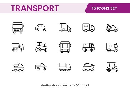 Transport icon set. Containing distribution, shipping, transportation, delivery, cargo, freight, route planning, supply chain, export and import icons. Solid icon collection.