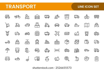 Conjunto de ícones de transporte. Contendo ícones de distribuição, entrega, transporte, entrega, carga, frete, planejamento de roteiro, cadeia de suprimentos, exportação e importação. Coleção de ícones do Solid.