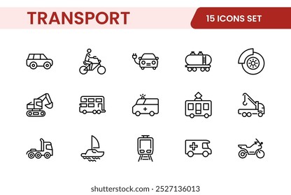 Transport icon set. Containing distribution, shipping, transportation, delivery, cargo, freight, route planning, supply chain, export and import icons. Solid icon collection.