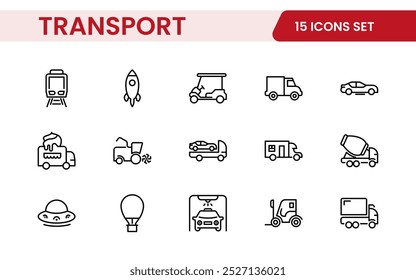 Transport icon set. Containing distribution, shipping, transportation, delivery, cargo, freight, route planning, supply chain, export and import icons. Solid icon collection.
