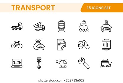 Conjunto de ícones de transporte. Contendo ícones de distribuição, entrega, transporte, entrega, carga, frete, planejamento de roteiro, cadeia de suprimentos, exportação e importação. Coleção de ícones do Solid.