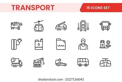 Transport icon set. Containing distribution, shipping, transportation, delivery, cargo, freight, route planning, supply chain, export and import icons. Solid icon collection.