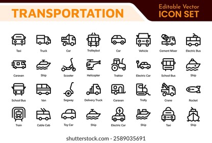 Transport icon set. Containing distribution, shipping, transportation, delivery, cargo, freight, route planning, supply chain, export and import icons. Solid icon collection.