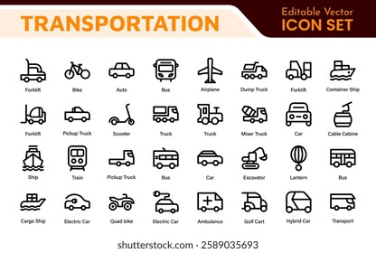Transport icon set. Containing distribution, shipping, transportation, delivery, cargo, freight, route planning, supply chain, export and import icons. Solid icon collection.