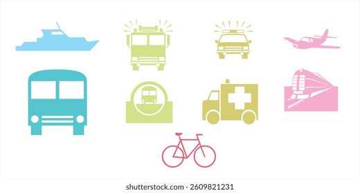 Transport icon set and design, ship, bicycle
