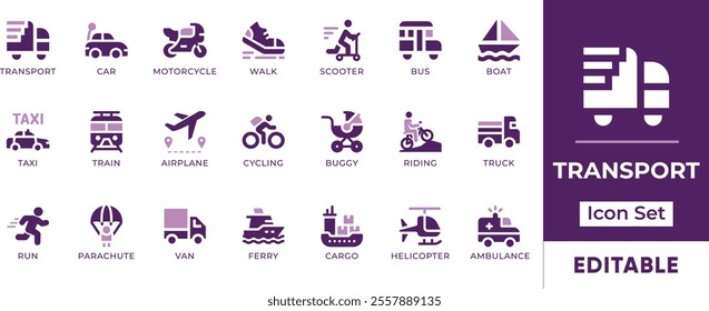 Transport Icon Set. Features editable icons for transportation symbols, car, motorcycle, walk, scooter, bus, boat, taxi, and more. Perfect for transportation-related designs and applications.