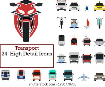 Juego de iconos de transporte. Diseño plano. Ilustración vectorial totalmente editable. Texto expandido.