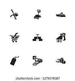 Transport icon set and gasoline pipe with place order, space vehicle and yacht. Scanner related transport icon vector for web UI logo design.