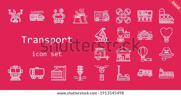 transport icon set. line icon style. transport\
related icons such as container, fuel truck, van, pirate, truck,\
taxi, ship, industry, drone, airport, hot air balloon, package\
delivered, subway