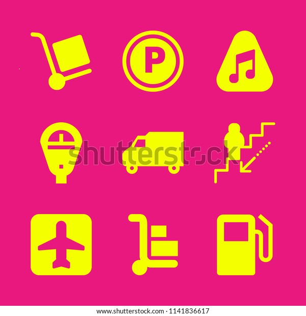 transport icon set. With\
mechanic stairs, gas station and pick  vector icons for graphic\
design and web
