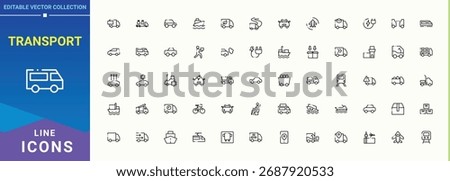 Transport icon set. Minimalist editable vector stroke. Pack of travel, shipping, vehicle, driving, traffic, taxi, transportation. Pixel perfect. Editable stroke. Mobility vector line icon set.