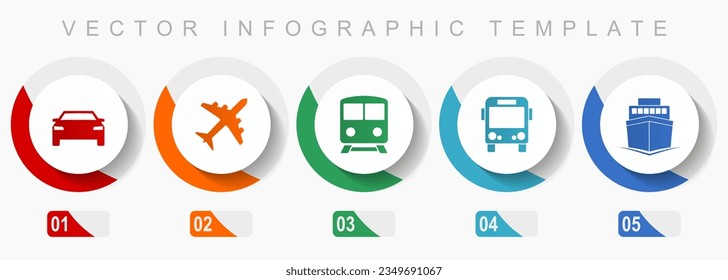 Transport icon set, miscellaneous icons such as car, plane, train, bus and ship, flat design vector infographic template, web buttons in 5 color options