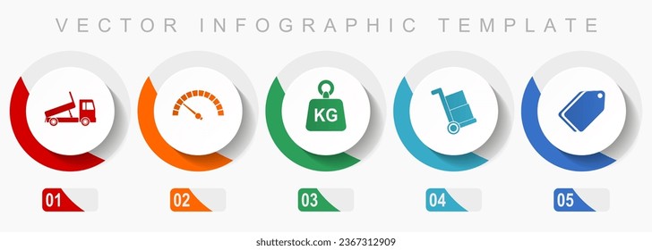 Juego de iconos de transporte, iconos varios como camión, velocímetro, kg, flecha y boleto, plantilla de diseño plano de infografía vectorial, botones web de 5 opciones de color