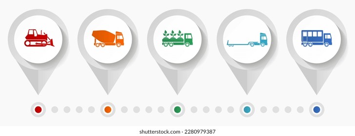 Transport icon set, miscellaneous pointer icons such as bulldozer, concrete mixer, truck and delivery for webdesign and mobile applications, flat design infographic vector template in eps 10