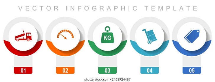 Transport icon set, miscellaneous vector icons such as truck, speedmeter, kg, barrow and ticket, modern design infographic template, web buttons in 5 color options