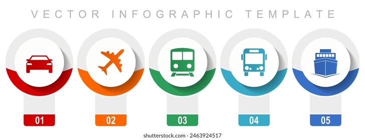 Transport icon set, miscellaneous vector icons such as car, plane, train, bus and ship, modern design infographic template, web buttons in 5 color options