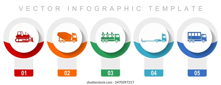 Transport icon set, miscellaneous vector icons such as bulldozer, concrete mixer, truck and delivery, modern design infographic template, web buttons in 5 color options