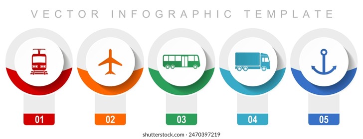 Transport icon set, miscellaneous vector icons such as train, plane, bus, truck and anchor, modern design infographic template, web buttons in 5 color options